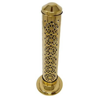 12&quot; Carved Brass Tower Incense Burner, SKU 807BR-C, UPC 6016005177146