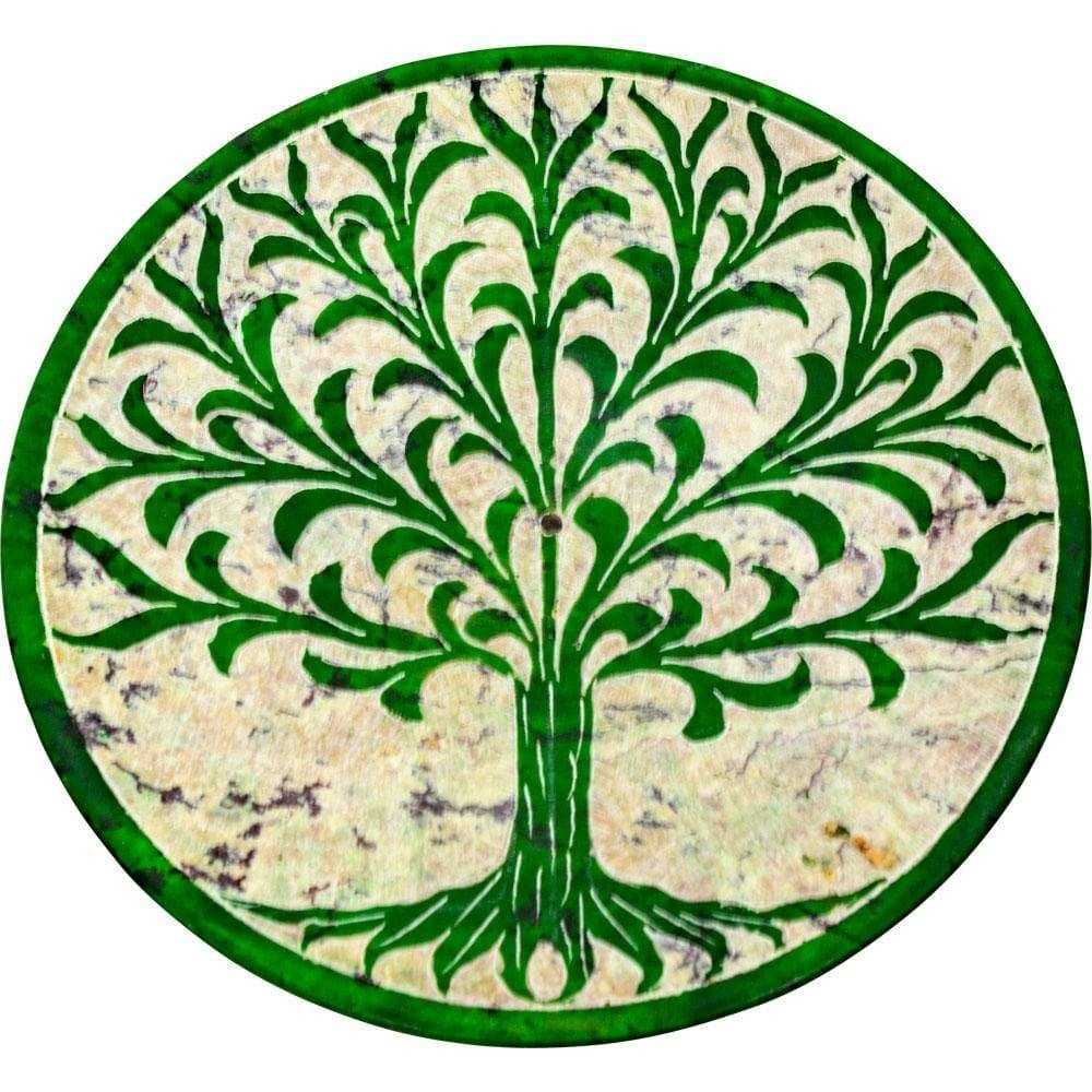 5&quot; Soapstone Round Incense Holder - Tree of Life - Green, SKU KH-89611, UPC 6016202374362