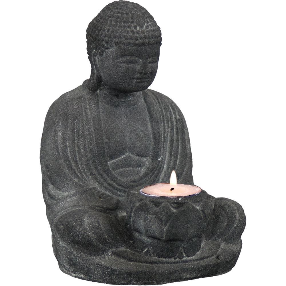 6.25&quot; Volcanic Stone Statue Tealight Holder - Buddha Charcoal, SKU KH-33615, UPC 6016215187188