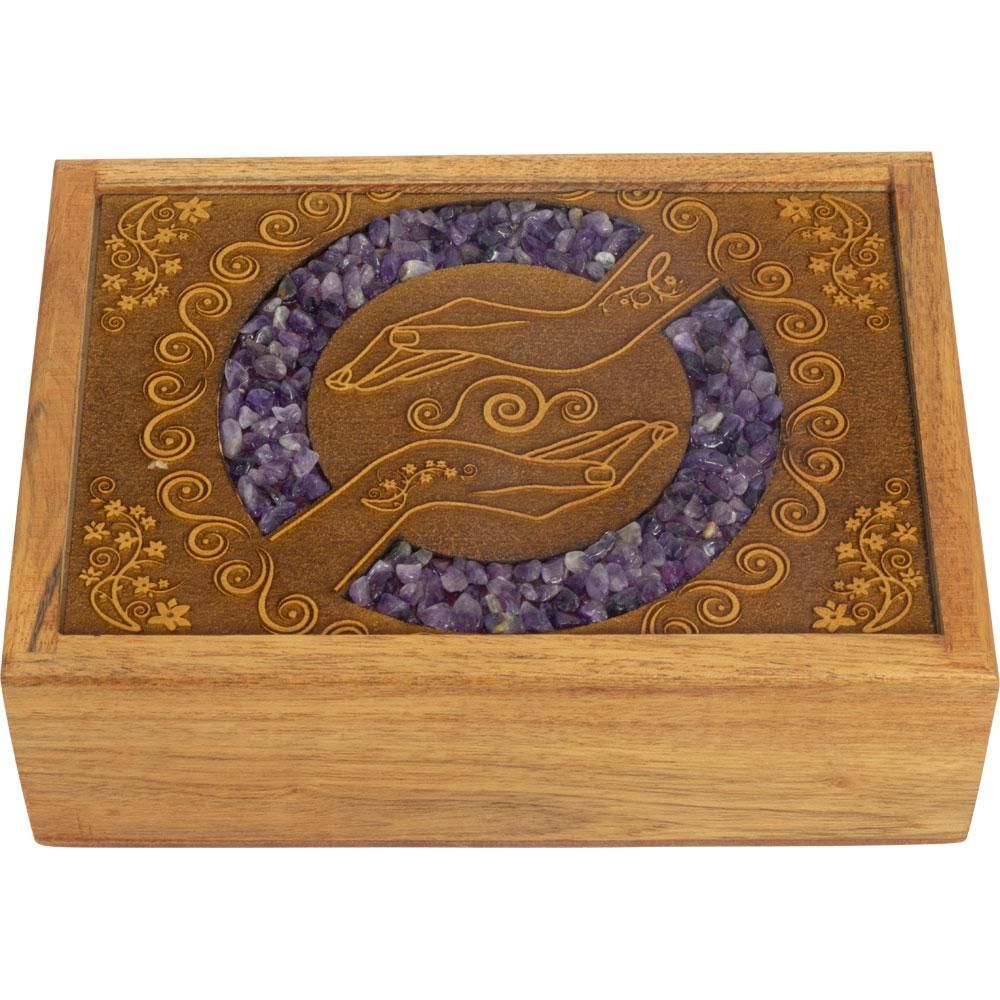 4&quot; x 6&quot; Velvet Lined Laser Etched Wooden Box - Healing Hands with Amethyst Inlay, SKU KH-44399, UPC…