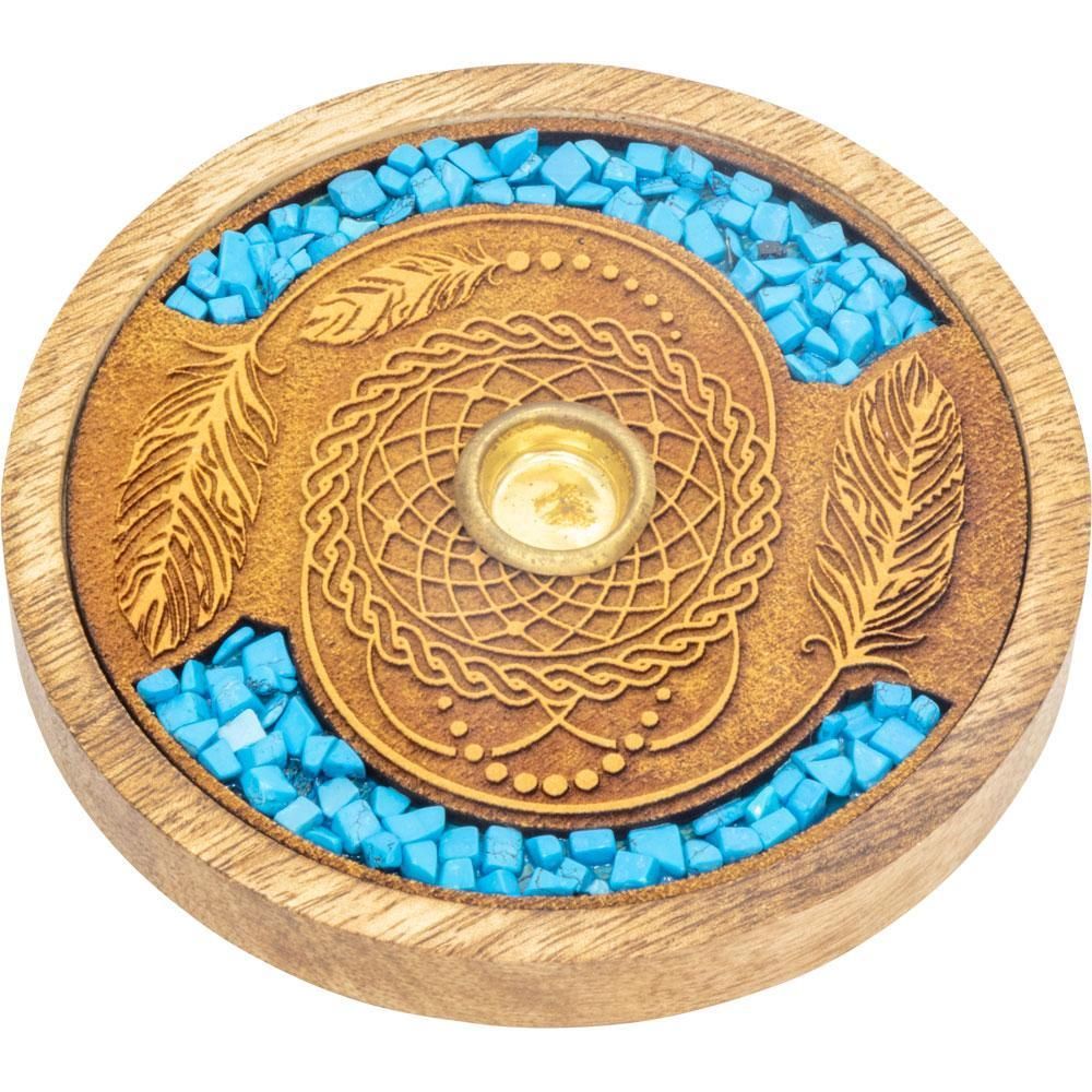 4&quot; Laser Etched Wood Round Incense Holder - Dreamcatcher with Turquoise Inlay, SKU KH-90123, UPC 60…