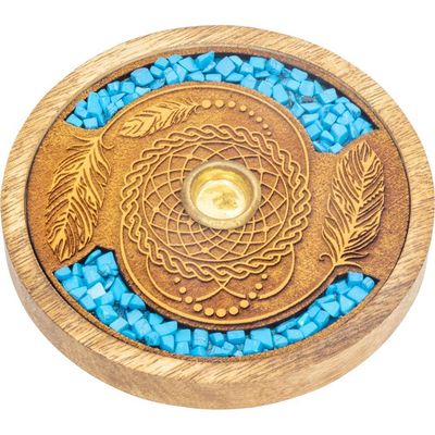 4&quot; Laser Etched Wood Round Incense Holder - Dreamcatcher with Turquoise Inlay, SKU KH-90123, UPC 60…