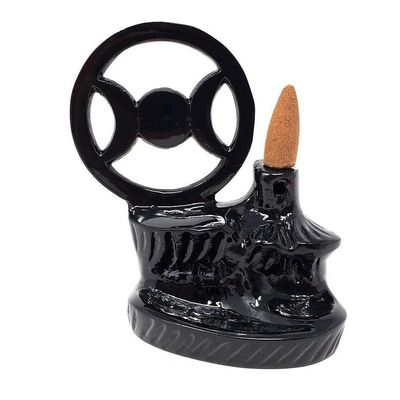 4.5&quot; Metal Backflow Incense Burner - Standing Triple Moon, SKU BFL-12, UPC 6016212233222