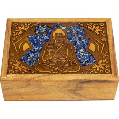 4&quot; x 6&quot; Velvet Lined Laser Etched Wooden Box - Buddha with Sodalite Inlay, SKU KH-44413, UPC 601604…