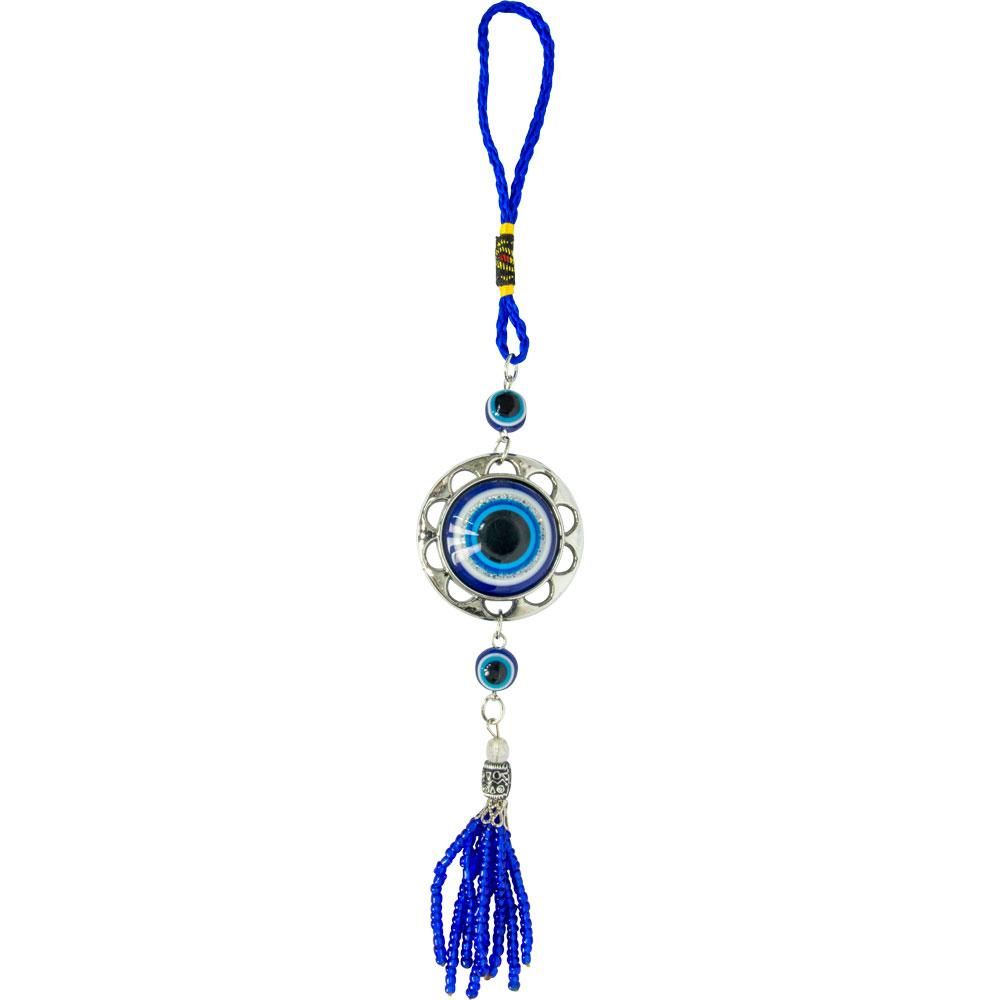 9.5&quot; Evil Eye Talisman - Glass Puffed Evil Eye with Beaded Tassel, SKU KH-63434, UPC 6016003469489