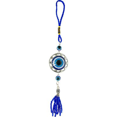 9.5&quot; Evil Eye Talisman - Glass Puffed Evil Eye with Beaded Tassel, SKU KH-63434, UPC 6016003469489
