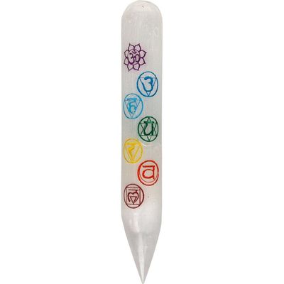 6.25&quot; White Selenite Massage Wand with 7 Chakras, SKU KH-76108, UPC 6016218019035