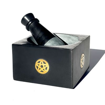 4&quot; Brass Pentacle Square Soapstone Mortar &amp; Pestle, SKU SOB37, UPC 6016206026052