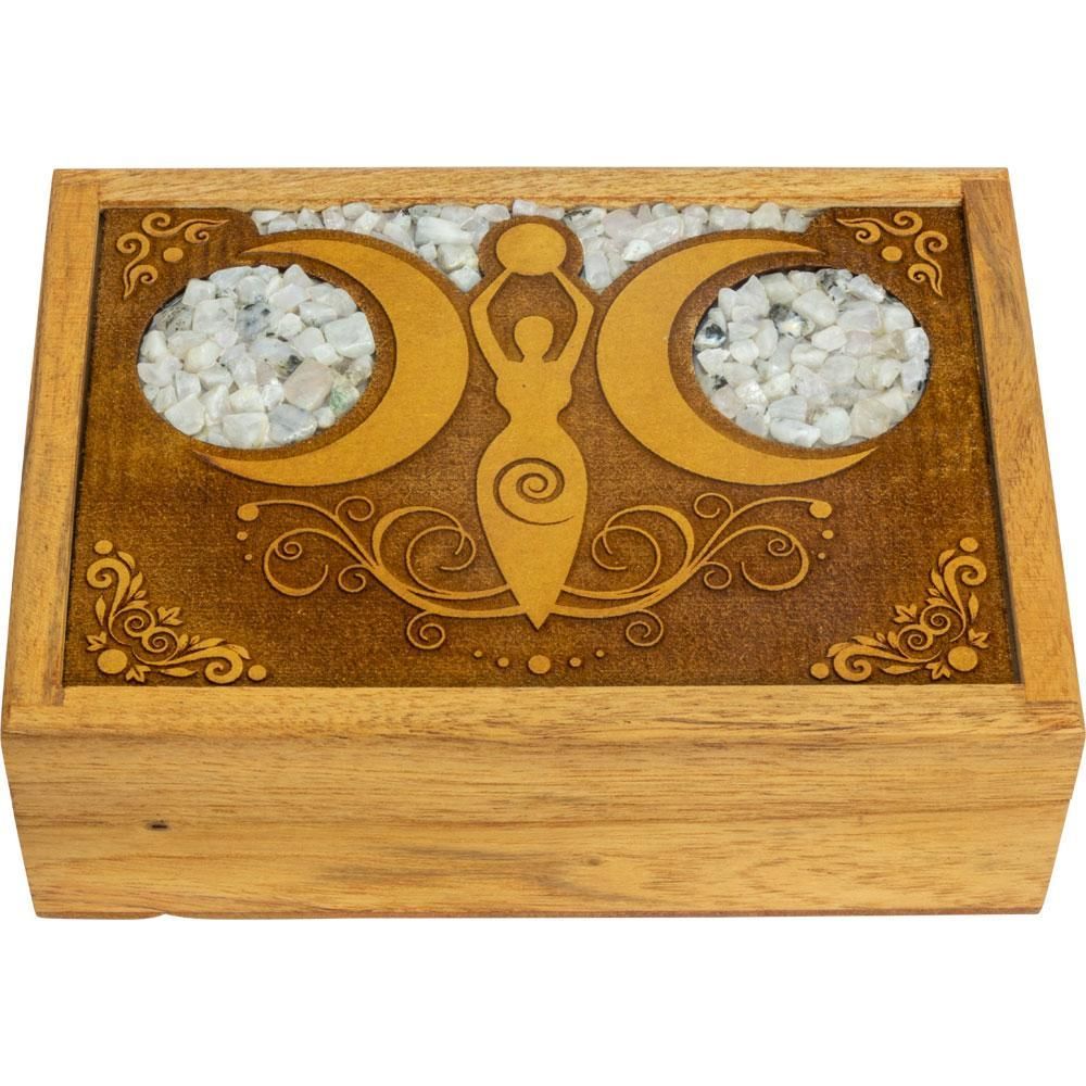 4&quot; x 6&quot; Velvet Lined Laser Etched Wooden Box - Moon Goddess with Rainbow Moonstone Inlay, SKU KH-44…
