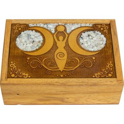 4&quot; x 6&quot; Velvet Lined Laser Etched Wooden Box - Moon Goddess with Rainbow Moonstone Inlay, SKU KH-44…