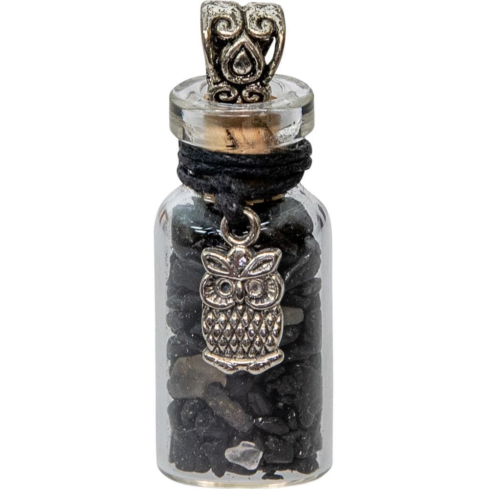 1.75&quot; Gemstone Chip Bottle Necklace - Black Tourmaline with Owl, SKU KH-99236, UPC 6016218836892
