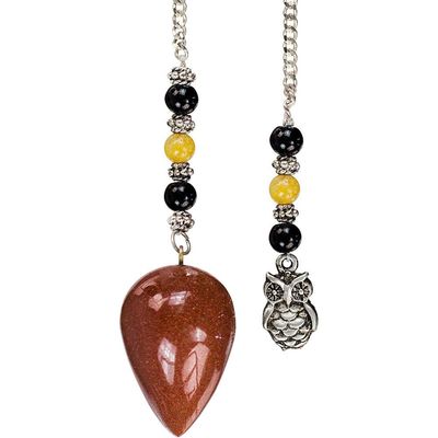Curved Pendulum - Goldstone &amp; Black Agate with Owl, SKU KH-61042, UPC 6016210262200