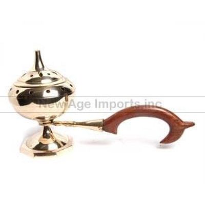 7&quot; Brass Incense Burner with Wood Handle, SKU BCB-1002, UPC 6016209154158
