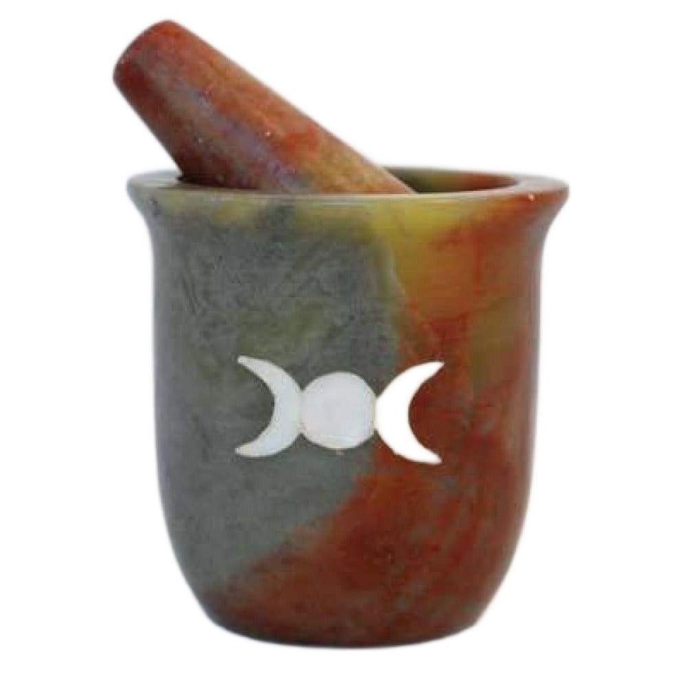 3&quot; Pearl Inlaid Triple Moon Soapstone Mortar &amp; Pestle Set, SKU SOB32, UPC 6016206252239