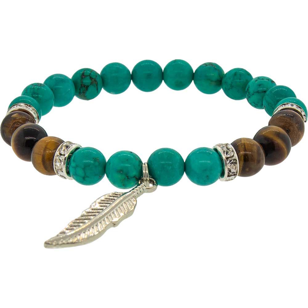 8 mm Elastic Bracelet Round Beads - Turquoise, Tiger Eye with Feather, SKU KH-98363, UPC 7003170575…