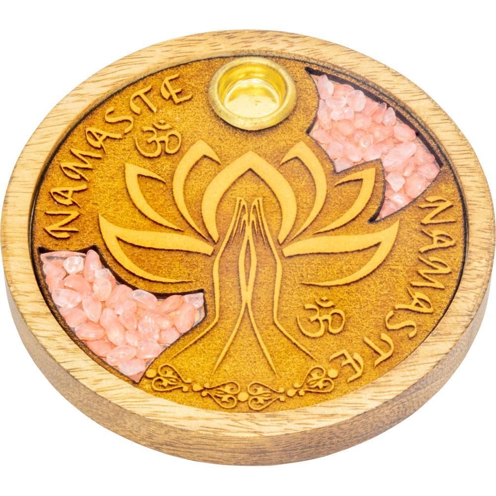 4&quot; Laser Etched Wood Round Incense Holder - Namaste with Rose Quartz Inlay, SKU KH-90121, UPC 60162…