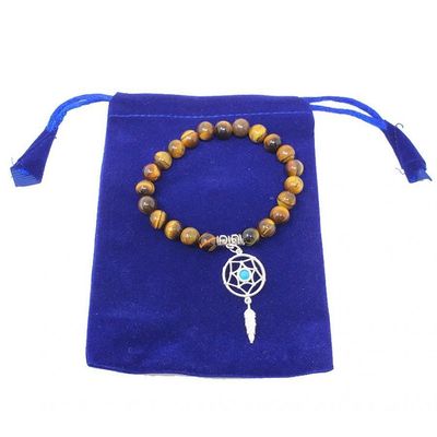 8 mm Elastic Bracelet Round Beads - Tiger&#39;s Eye with Dreamcatcher in Velvet Bag, SKU BS72, UPC 6016…
