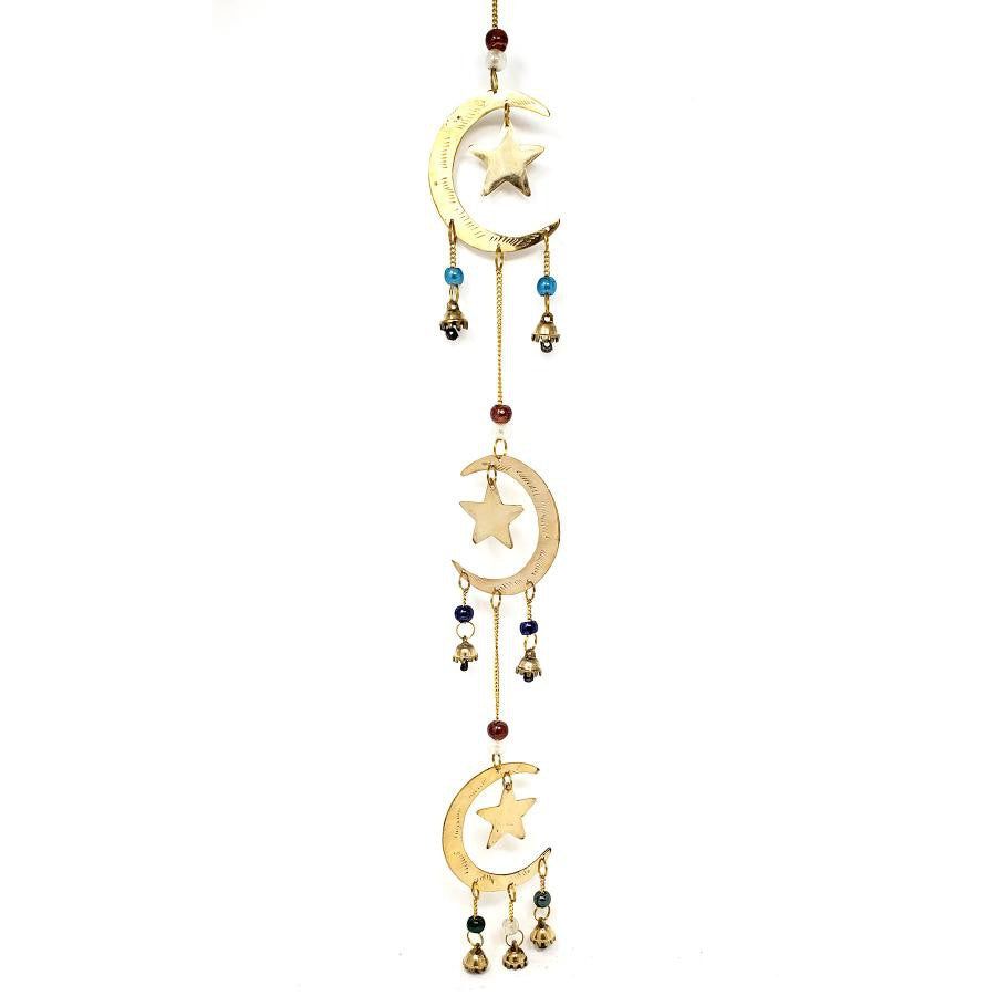 22&quot; 3-Stars And Moons Brass Wind Chime, SKU F04-086-7521, UPC 6016218542564