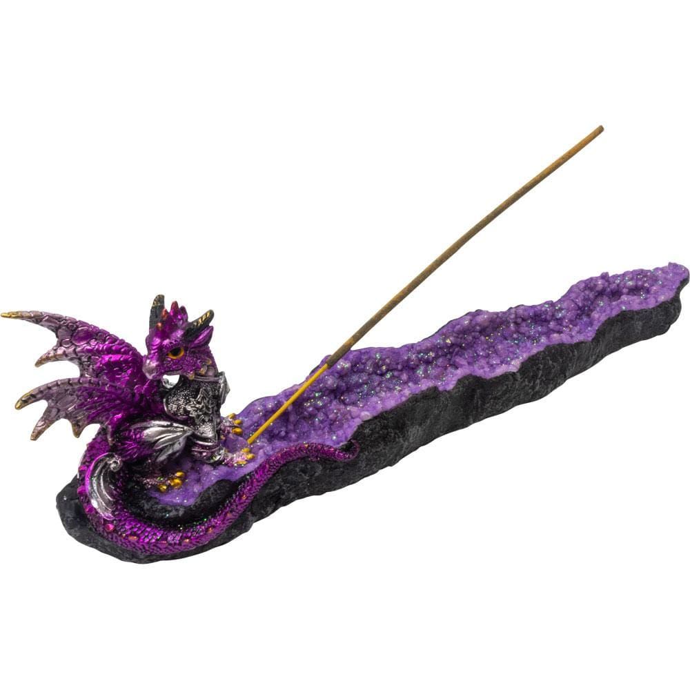 12.25&quot; Polyresin Incense Holder - Purple Dragon on Geode, SKU KH-89632, UPC 6016201787729
