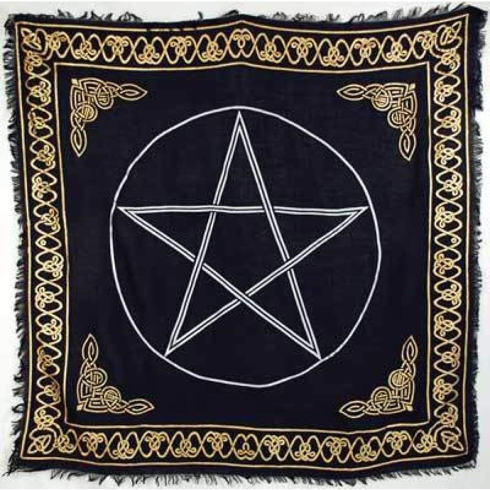 36&quot; Satin Altar Cloth - Pentagram on Black &amp; Gold Bordered, SKU SC84A, UPC 6016213781753