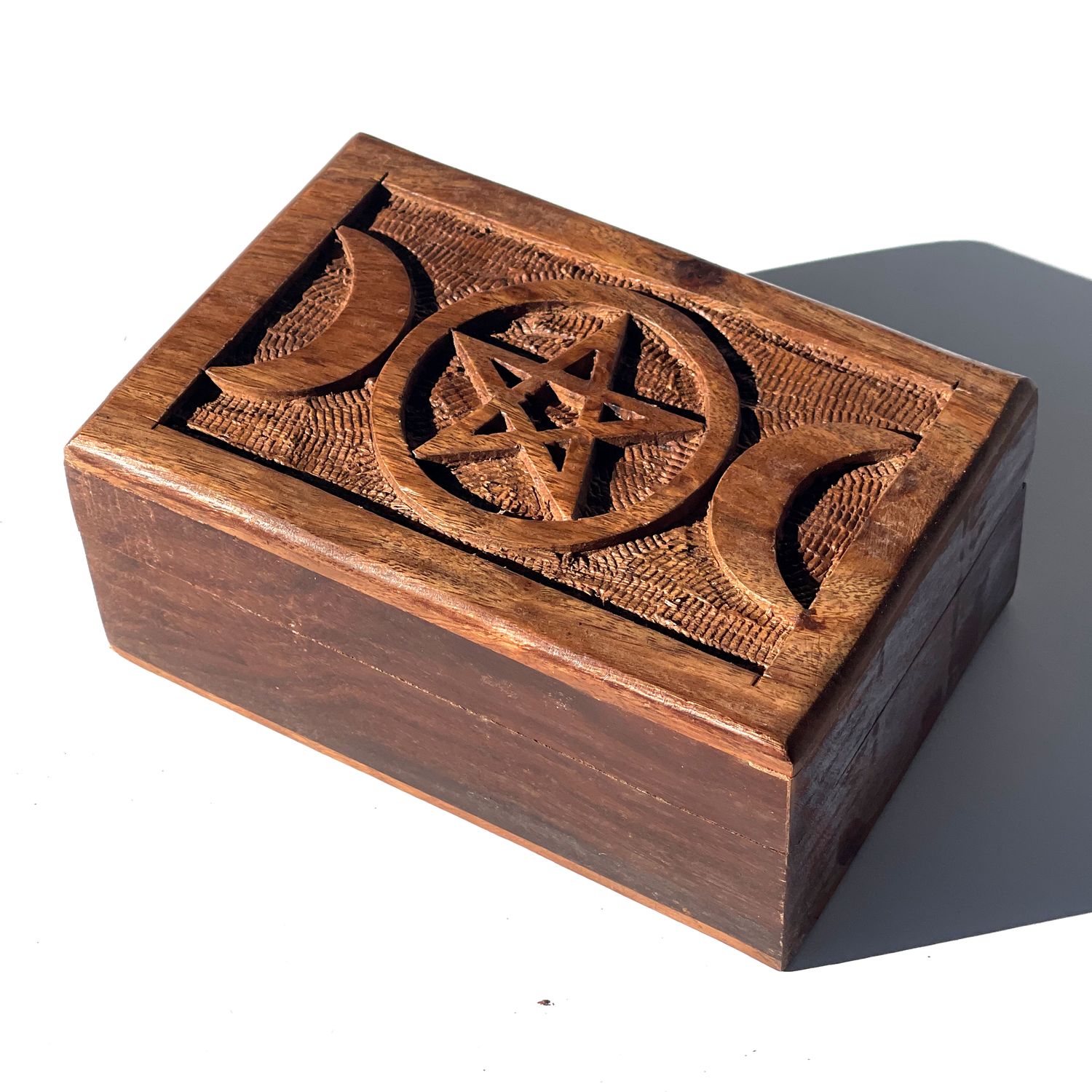 4&quot; x 6&quot; Carved Wood Box with Latch - Triple Moon Pentagram, SKU B46TG, UPC 6016230857851