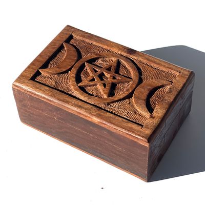 4&quot; x 6&quot; Carved Wood Box with Latch - Triple Moon Pentagram, SKU B46TG, UPC 6016230857851