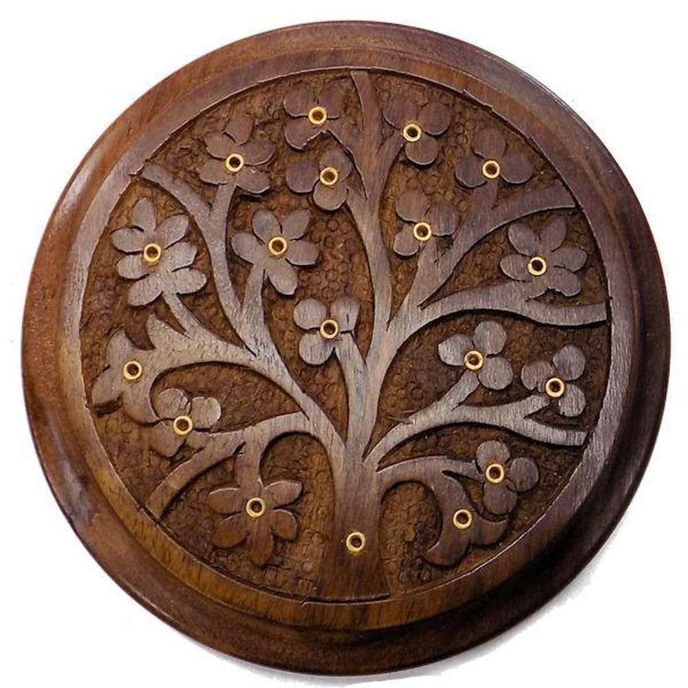 5&quot; Tree of Life Carved Wood Round Stick Incense Burner, SKU 623, UPC 6016002893803