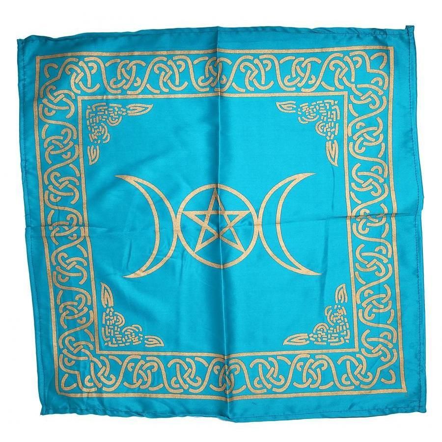 21&quot; Satin Altar Cloth - Triple Moon Pentagram on Turquoise &amp; Gold, SKU SC96-Turquoise, UPC 60160083…