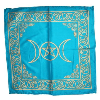 21&quot; Satin Altar Cloth - Triple Moon Pentagram on Turquoise &amp; Gold, SKU SC96-Turquoise, UPC 60160083…