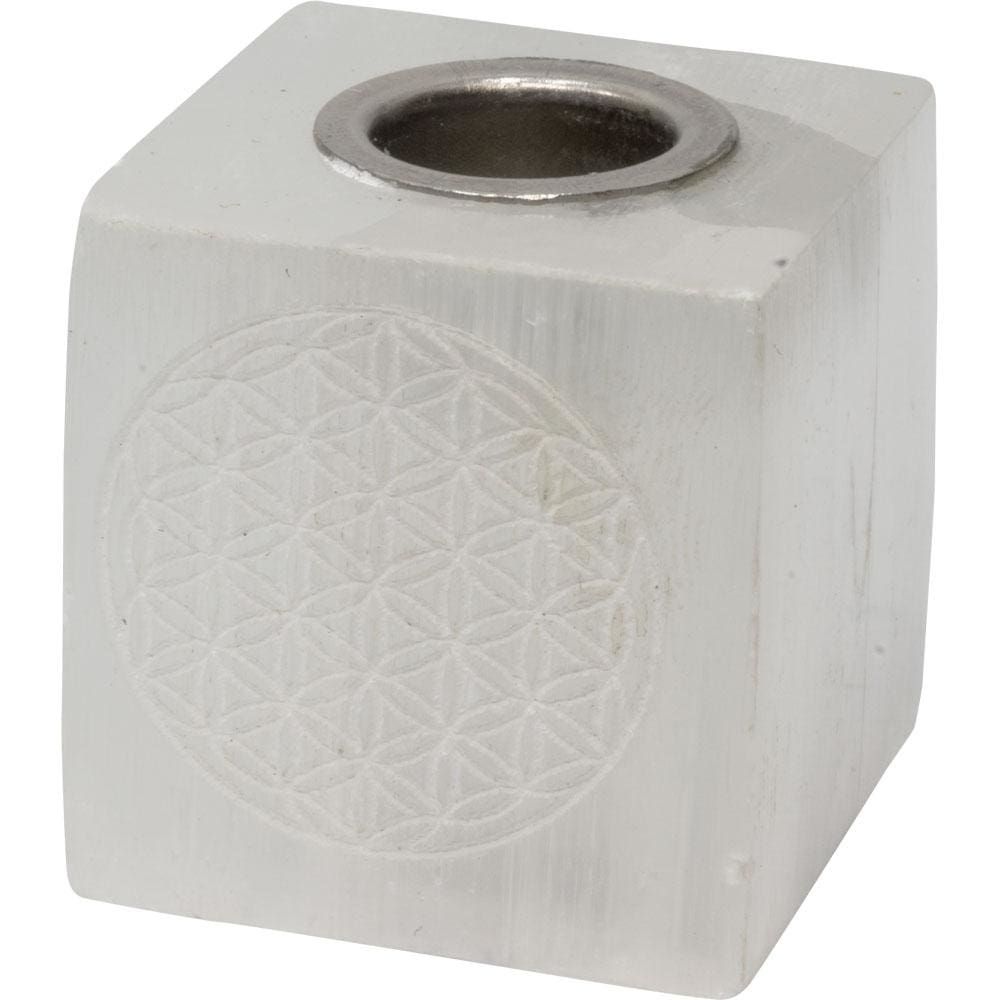 1.5&quot; Selenite Mini Candle Holder Cube - Flower of Life, SKU KH-03617, UPC 6016205721705