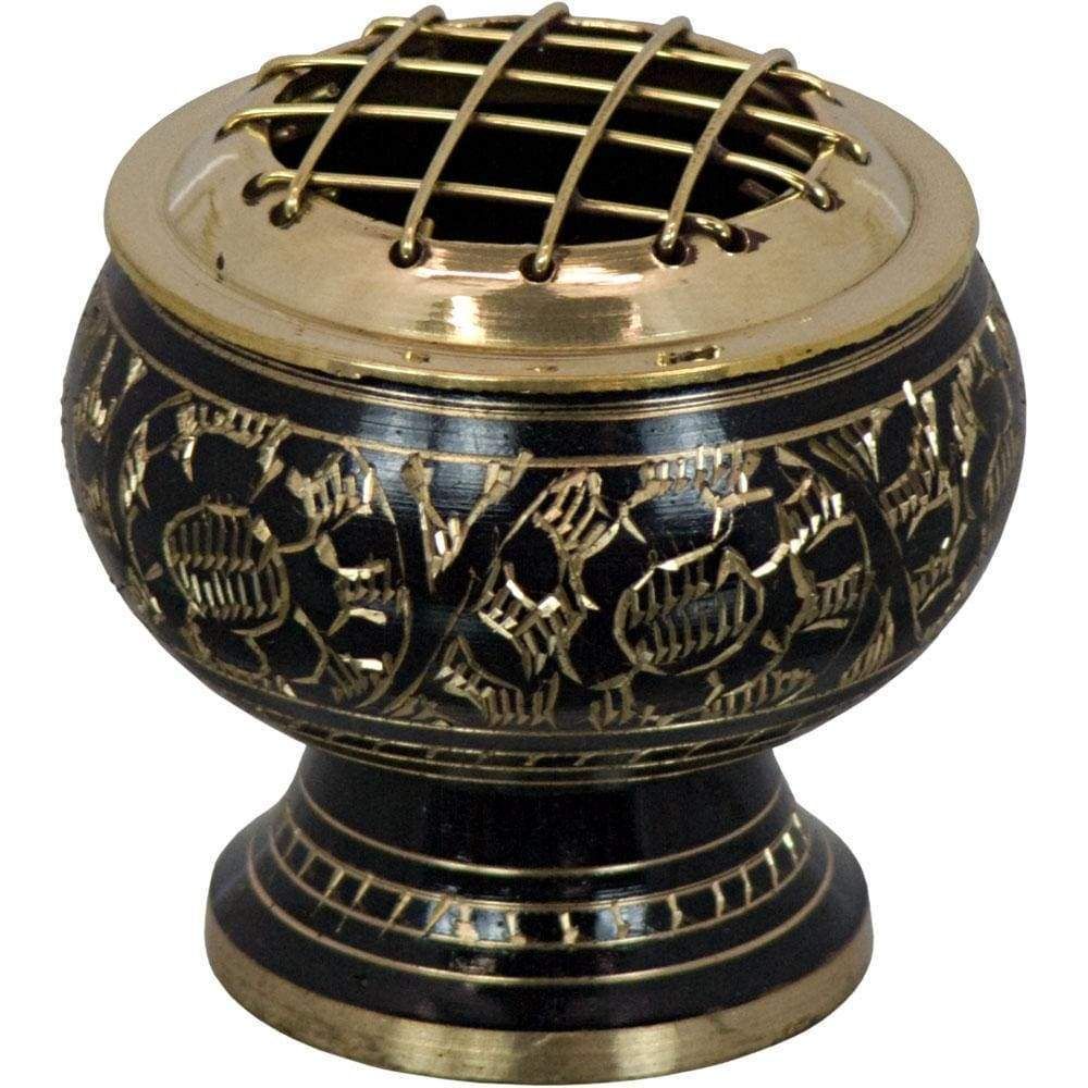 2.75&quot; Brass Burner Flower Engraved with Grid - Black, SKU KH-90003, UPC 6016204257298