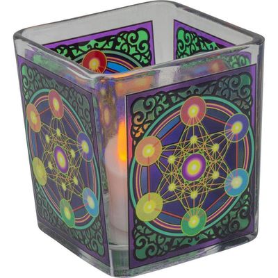 3.5&quot; Handcrafted Glass Square Votive Holder - Metatron Chakra, SKU KH-01167, UPC 6016224899829