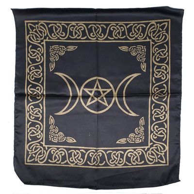 21&quot; Satin Altar Cloth - Triple Moon Pentagram on Black &amp; Gold, SKU SC96-Black, UPC 6016203338356