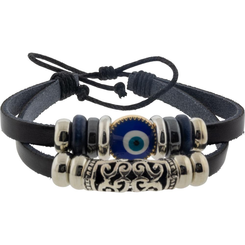 Leather Protection Bracelet - Evil Eye - Black with Filigree, SKU KH-98810, UPC 6016013794755