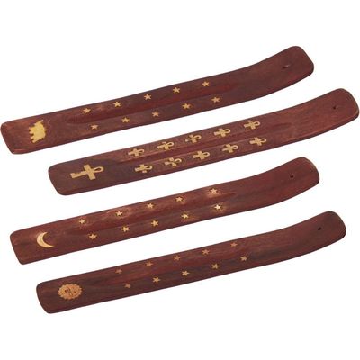 10&quot; Wood Incense Holder - Brass Inlay (Set of 12), SKU ER3MIX-12, UPC 6016209078010