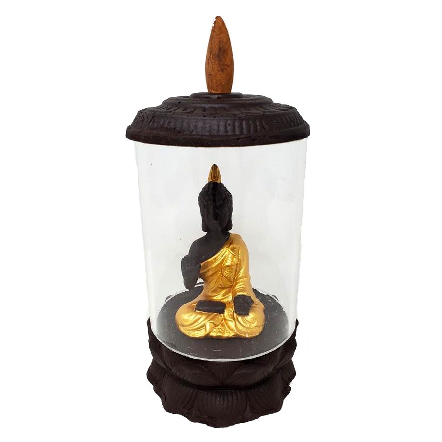 6&quot; Polyresin Backflow Incense Burner - Buddha in Acrylic Jar, SKU BFL-18, UPC 6016203317368