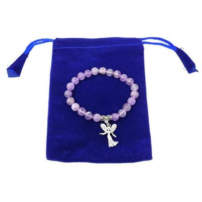 8 mm Elastic Bracelet Round Beads - Amethyst with Angel in Velvet Bag, SKU BS74, UPC 6016001165178