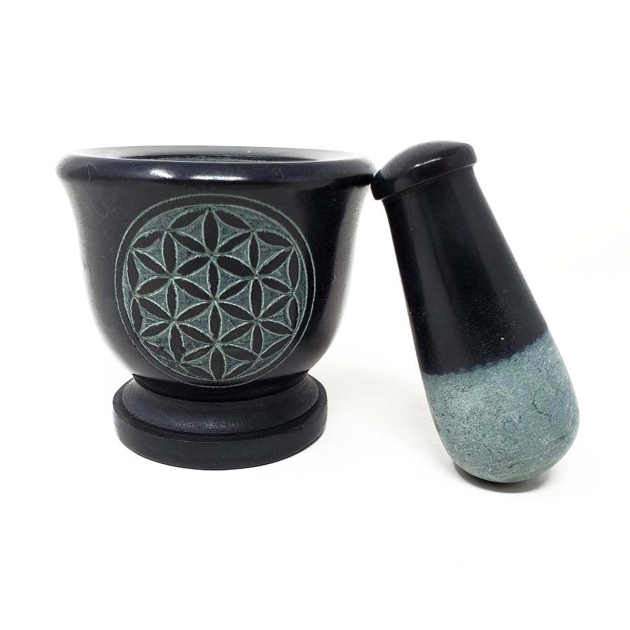 2.75&quot; Flower of Life Carved Black Soapstone Mortar &amp; Pestle, SKU SOB54, UPC 6016218937933