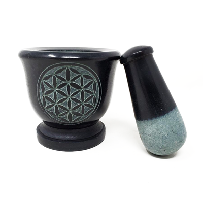 2.75&quot; Flower of Life Carved Black Soapstone Mortar &amp; Pestle, SKU SOB54, UPC 6016218937933