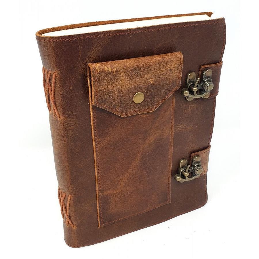6&quot; x 8&quot; Brown Leather Journal with Pocket and Latch, SKU SL68-Pen, UPC 6016016367376