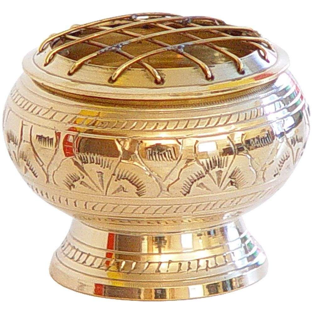 2.75&quot; Brass Burner Flower Engraved with Grid - Gold, SKU KH-88504, UPC 6016204099041