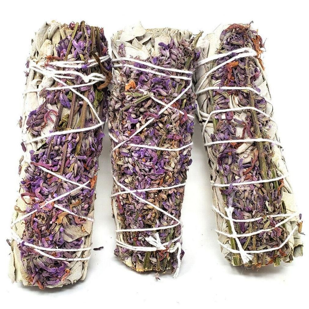 4&quot; White Sage &amp; Purple &quot;Royal&quot; Lavender Smudge Stick, SKU SB58, UPC 6016205657639