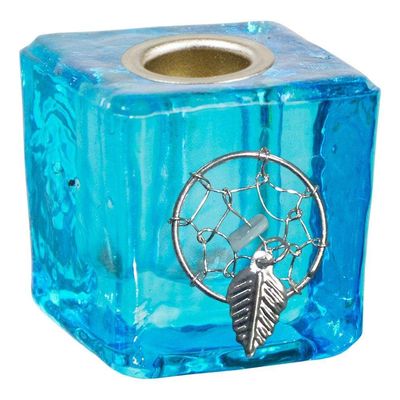 1.25&quot; Mini Glass Candle Holder Cube - Aqua Dreamcatcher, SKU KH-03555, UPC 6016200780721