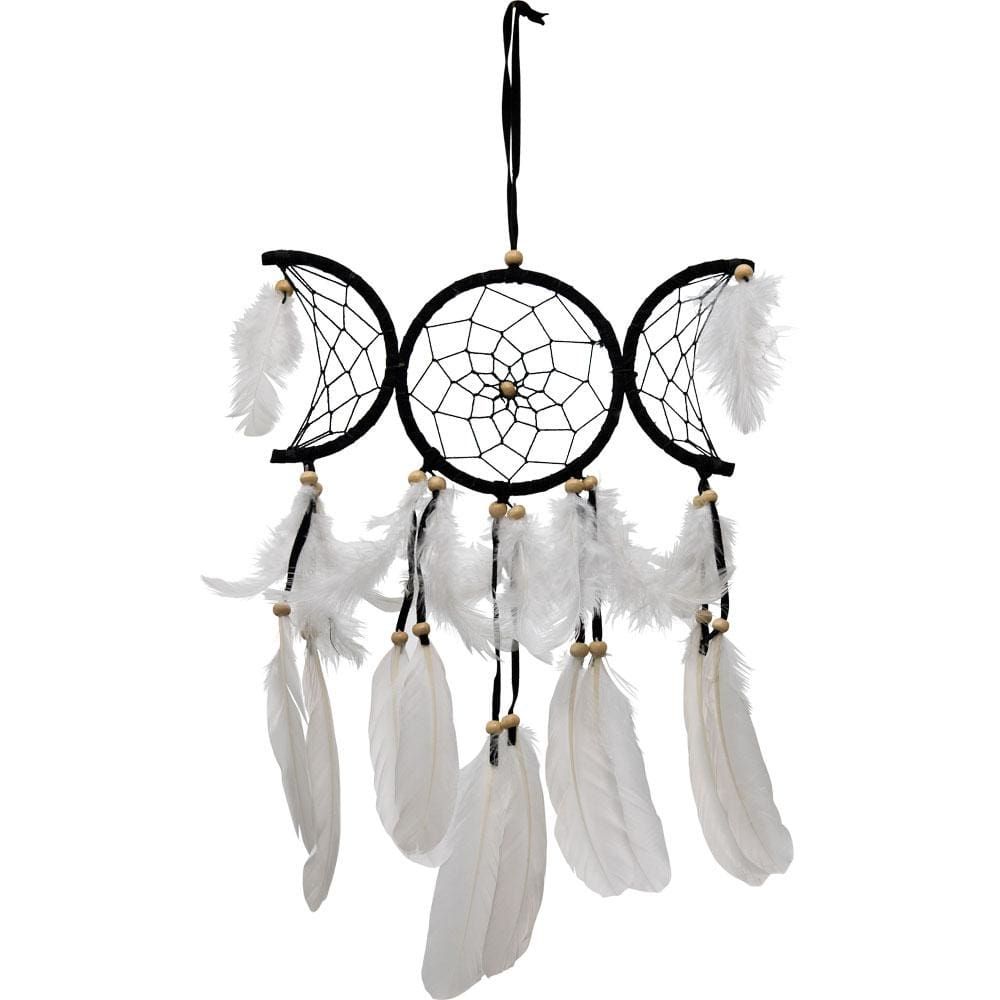 Dream Catcher - Black Triple Moon &amp; White Feathers, SKU KH-30242, UPC 6016202944954