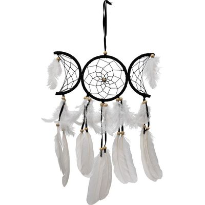 Dream Catcher - Black Triple Moon &amp; White Feathers, SKU KH-30242, UPC 6016202944954