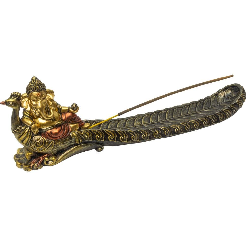 10.75&quot; Polyresin Incense Holder - Sitting Ganesha on Peacock, SKU KH-89635, UPC 6016229153124