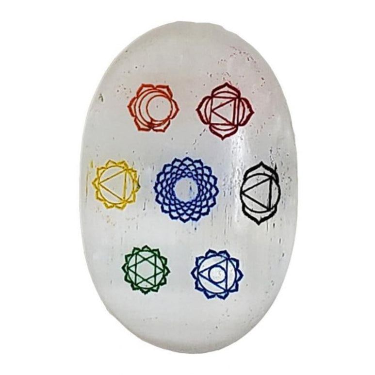 2&quot; Palm Stone - Selenite with 7 Chakra, SKU SELPAM-7CH, UPC 6016007625652