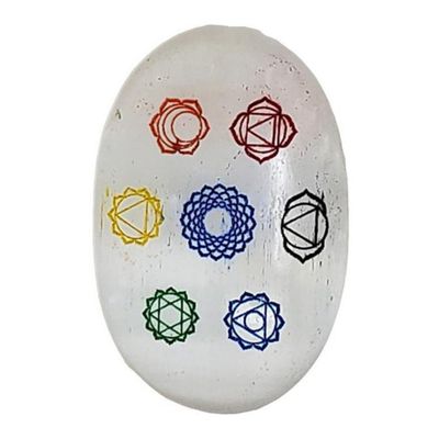 2&quot; Palm Stone - Selenite with 7 Chakra, SKU SELPAM-7CH, UPC 6016007625652