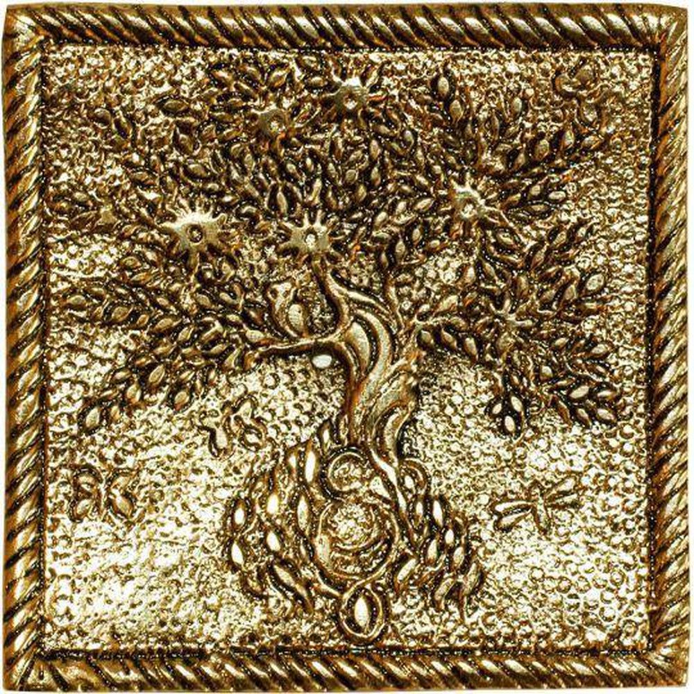 Aluminum Square Incense Holder Gold - Tree of Life, SKU KH-89656, UPC 6016210766722