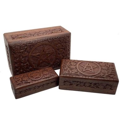 Pentacle Carved Wooden Box Set of 3 (8&quot;, 6.5&quot;, 5.5&quot; inch), SKU WBX96, UPC 6016003825865